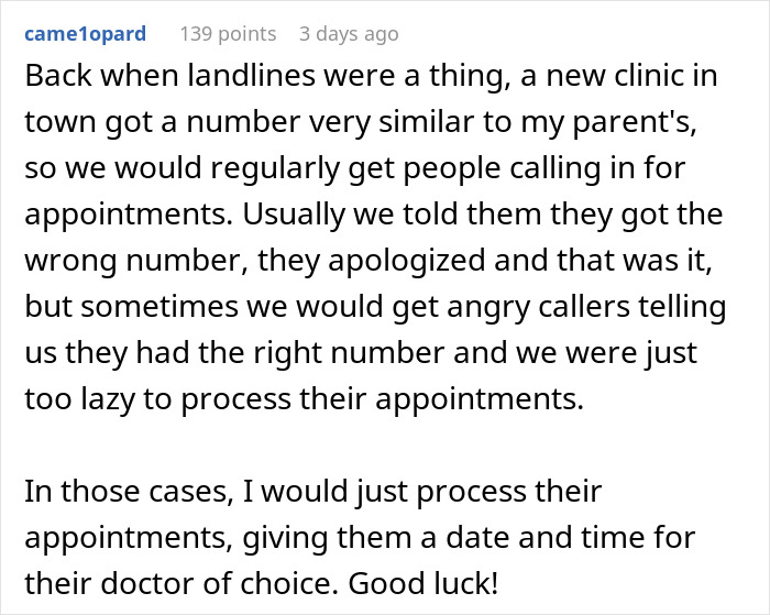 Text story about phone number mix-up with clinic reservations. Text story about phone number mix-up with clinic reservations.