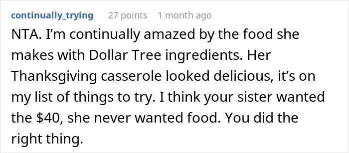 Comment praising Dollar Tree groceries for recipes, mentioning a delicious Thanksgiving casserole and supporting the decision made. Comment praising Dollar Tree groceries for recipes, mentioning a delicious Thanksgiving casserole and supporting the decision made.