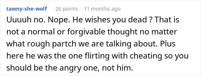 Reddit comment expressing concern over a husband's evil journal hopes for his wife. Reddit comment expressing concern over a husband's evil journal hopes for his wife.