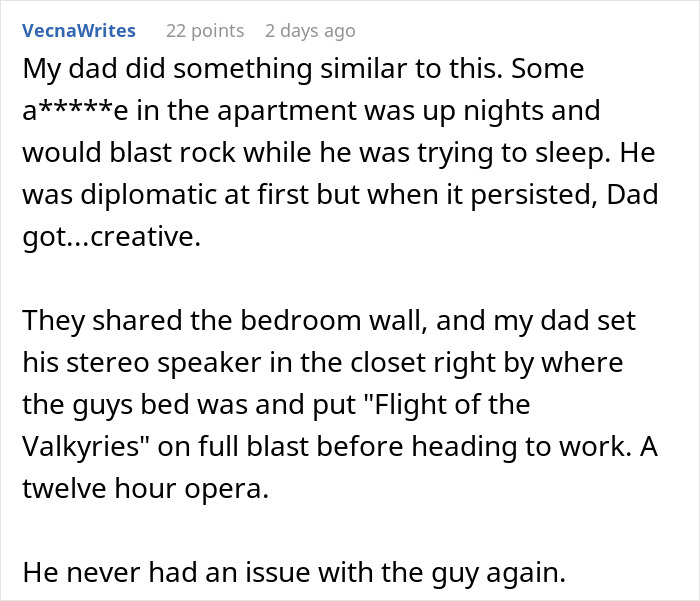 Text describing a creative solution to noisy hotel room neighbors after a night of partying. Text describing a creative solution to noisy hotel room neighbors after a night of partying.