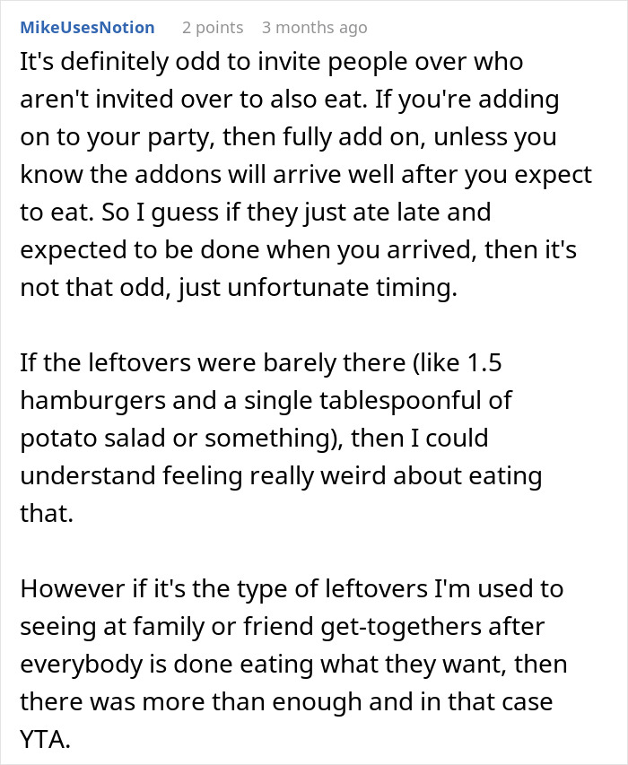Text exchange discussing etiquette of serving leftovers to guests at a gathering. Text exchange discussing etiquette of serving leftovers to guests at a gathering.