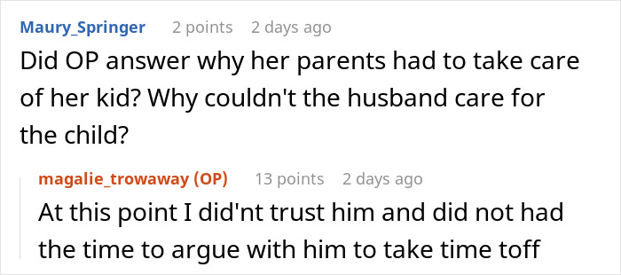 Text exchange discussing a husband's decision not to care for his child, highlighting trust issues and strained marriage. Text exchange discussing a husband's decision not to care for his child, highlighting trust issues and strained marriage.