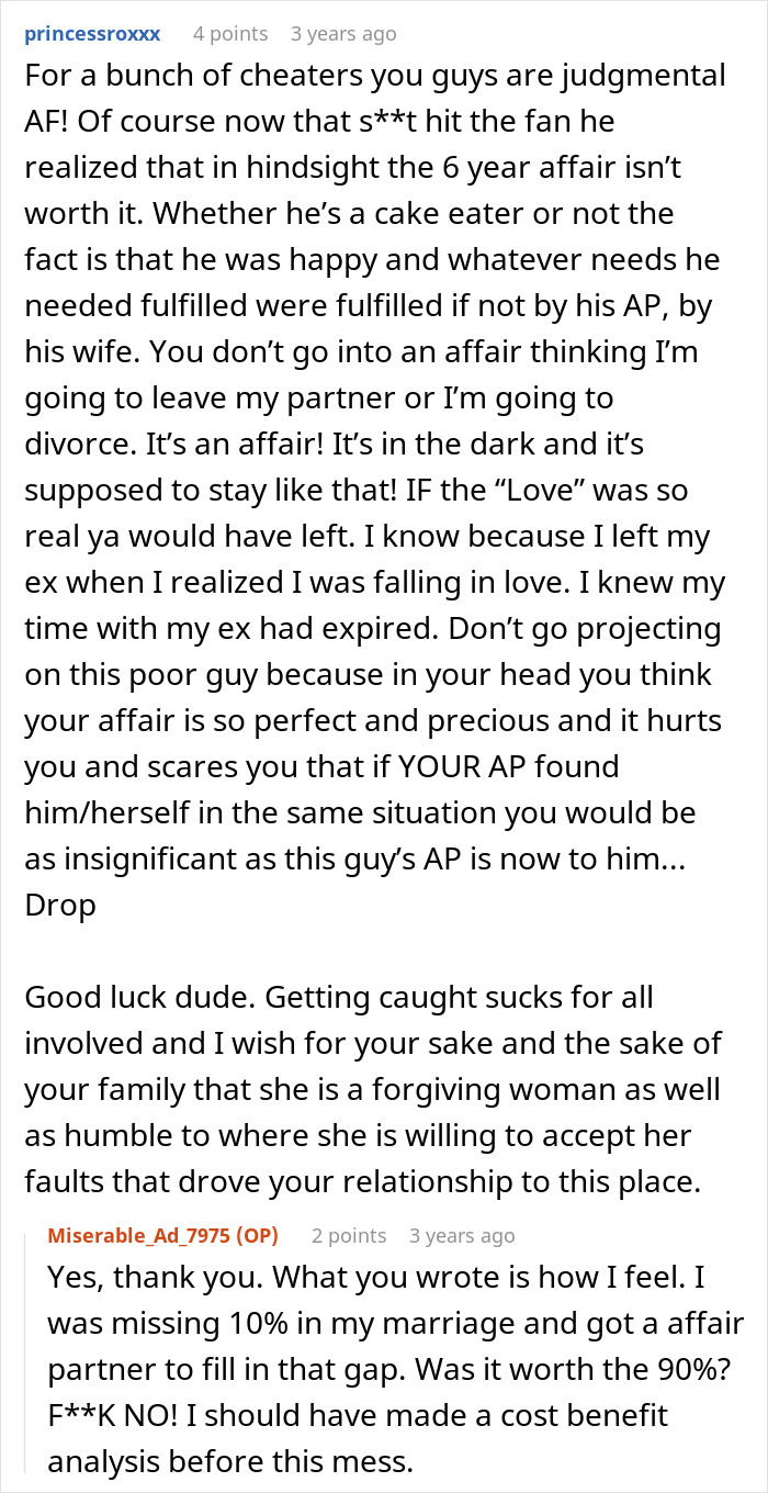 Text exchange about a marriage ending due to a husband's infidelity over six years and the wife's secret. Text exchange about a marriage ending due to a husband's infidelity over six years and the wife's secret.
