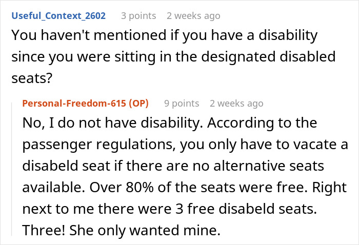 Text exchange discussing bus seat availability and regulations, highlighting a woman's demand for a vacated seat. Text exchange discussing bus seat availability and regulations, highlighting a woman's demand for a vacated seat.