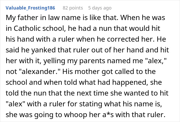 Reddit post discussing a school incident involving a student named Alex and a nun's use of a ruler. Reddit post discussing a school incident involving a student named Alex and a nun's use of a ruler.