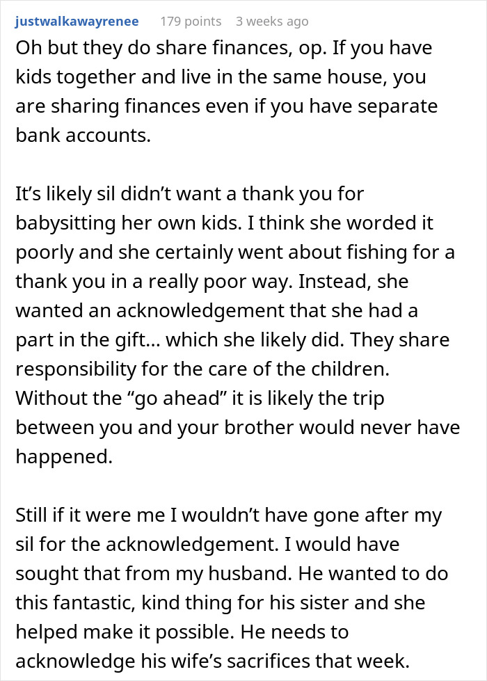 Text comment discussing sharing finances and responsibilities in relation to a birthday trip gift. Text comment discussing sharing finances and responsibilities in relation to a birthday trip gift.
