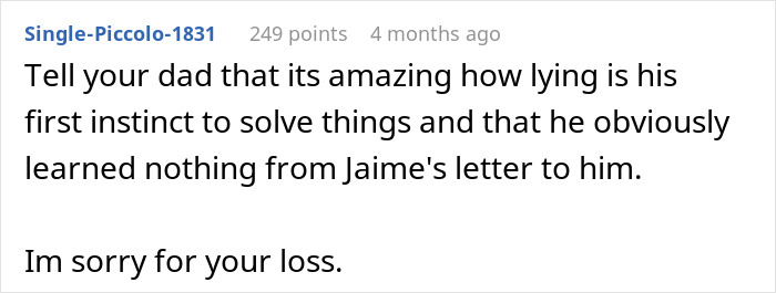Reddit comment discussing lying and expressing condolences about a brother. Reddit comment discussing lying and expressing condolences about a brother.