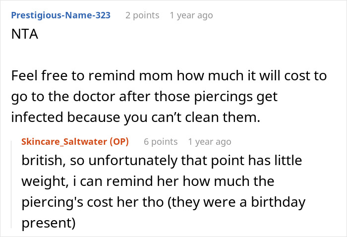 Reddit comments discussing skincare and piercings, mentioning costly consequences. Reddit comments discussing skincare and piercings, mentioning costly consequences.