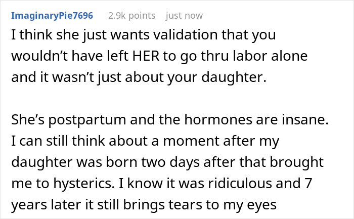 Comment discussing postpartum emotions and husband's presence during labor regarding a newborn. Comment discussing postpartum emotions and husband's presence during labor regarding a newborn.