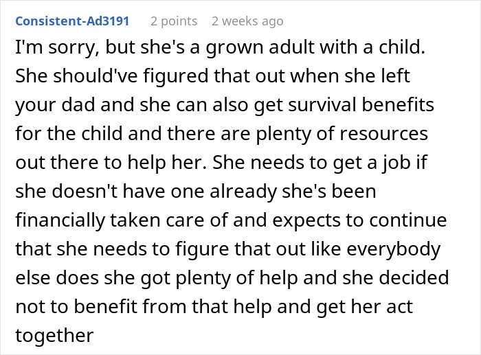 Online comment discussing responsibilities of dad's ex-wife and son regarding rent assistance. Online comment discussing responsibilities of dad's ex-wife and son regarding rent assistance.