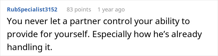 Online comment about control in relationships and work decisions. Online comment about control in relationships and work decisions.