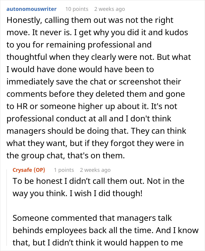 Group chat discussion on professional conduct of managers, featuring concerns about patronizing behavior and discomfort.