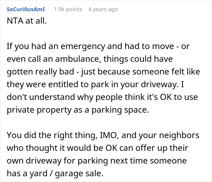 Text post discussing police intervention at a yard sale over a driveway parking dispute. Text post discussing police intervention at a yard sale over a driveway parking dispute.