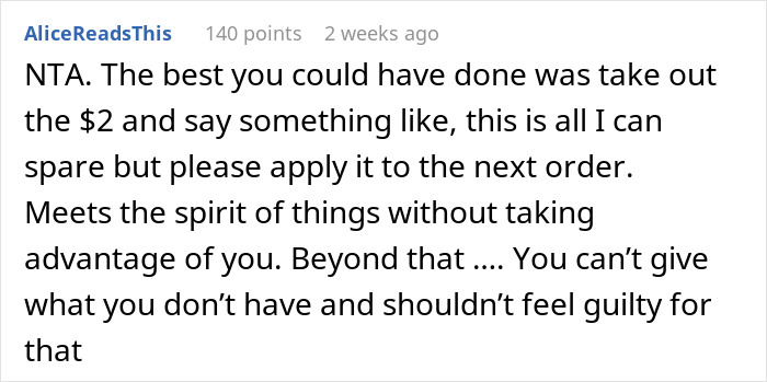Text response about a customer not continuing a pay-it-forward chain, discussing fairness and guilt. Text response about a customer not continuing a pay-it-forward chain, discussing fairness and guilt.