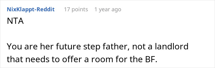 Reddit comment discussing an 18YO asking her stepdad for accommodation with her boyfriend. Reddit comment discussing an 18YO asking her stepdad for accommodation with her boyfriend.