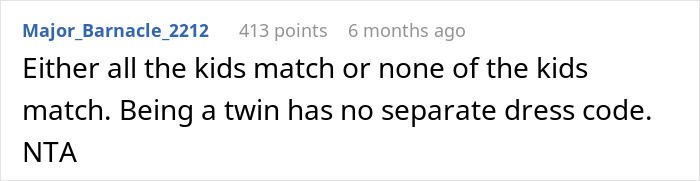 Comment about twins and matching outfits, questioning separate dress codes. Comment about twins and matching outfits, questioning separate dress codes.