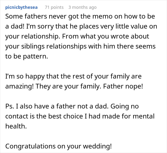 Text conversation discussing a dad choosing wife over daughter, missing her wedding, and family dynamics. Text conversation discussing a dad choosing wife over daughter, missing her wedding, and family dynamics.