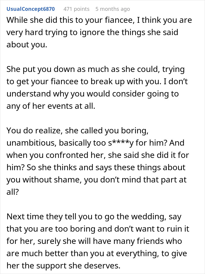 Text conversation discussing a woman's attempt to convince a sister's fiancé to call off their engagement. Text conversation discussing a woman's attempt to convince a sister's fiancé to call off their engagement.