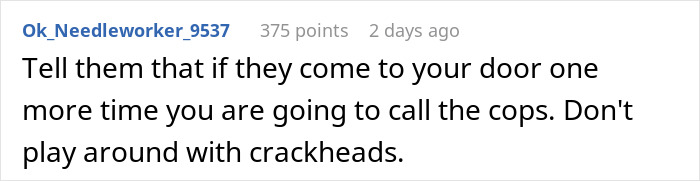 Text from an online forum discussing frustrations with a neighbor asking for loans. Text from an online forum discussing frustrations with a neighbor asking for loans.