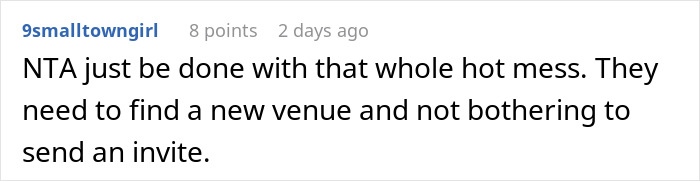 Comment discusses man refusing backyard for wedding as alternative venue after denied plus-one. Comment discusses man refusing backyard for wedding as alternative venue after denied plus-one.
