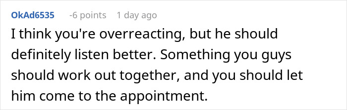 Comment discussing a husband interrupting his wife's pregnancy appointments and suggestions for better communication. Comment discussing a husband interrupting his wife's pregnancy appointments and suggestions for better communication.