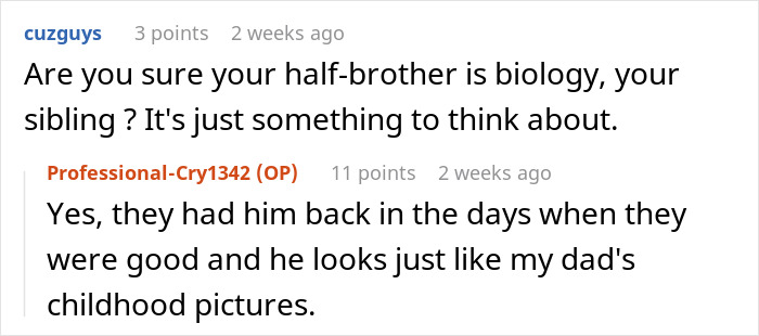 Reddit comments discussing sibling's biology in family rent dispute context. Reddit comments discussing sibling's biology in family rent dispute context.