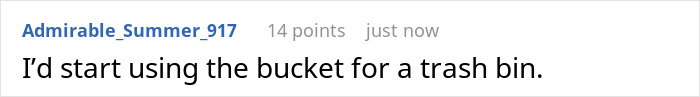 Comment from user suggesting using a bucket as a trash bin in response to HOA parking issue. Comment from user suggesting using a bucket as a trash bin in response to HOA parking issue.