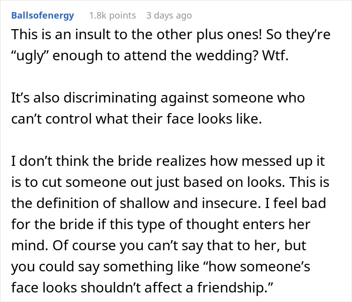 Screenshot of a Reddit comment discussing discrimination based on appearance at a wedding. Screenshot of a Reddit comment discussing discrimination based on appearance at a wedding.