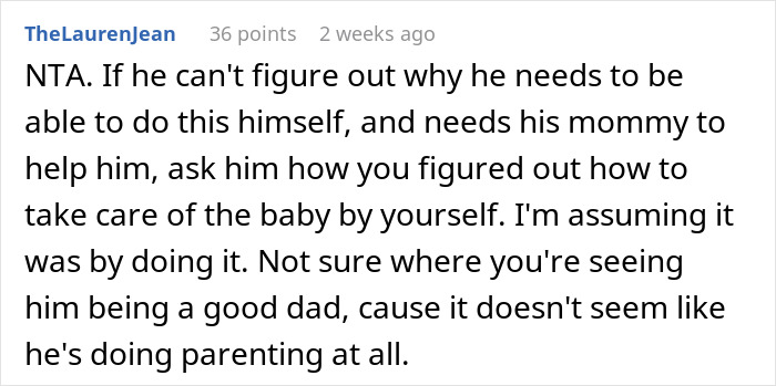 Text criticizing a husband who won’t independently care for their infant son, highlighting a parenting conflict. Text criticizing a husband who won’t independently care for their infant son, highlighting a parenting conflict.