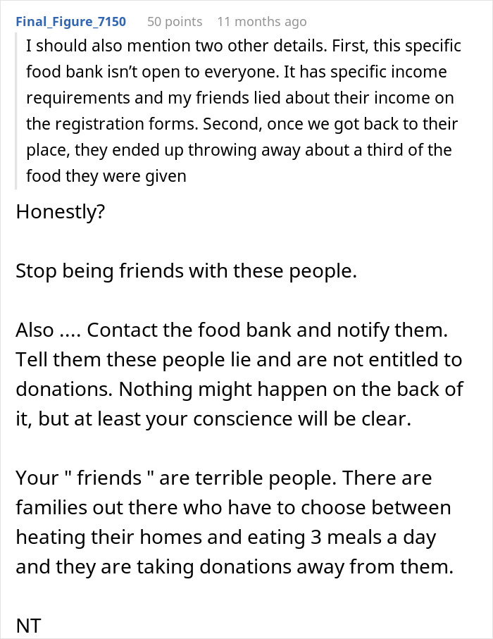 Text conversation criticizing friends lying about income for food bank donations. Text conversation criticizing friends lying about income for food bank donations.
