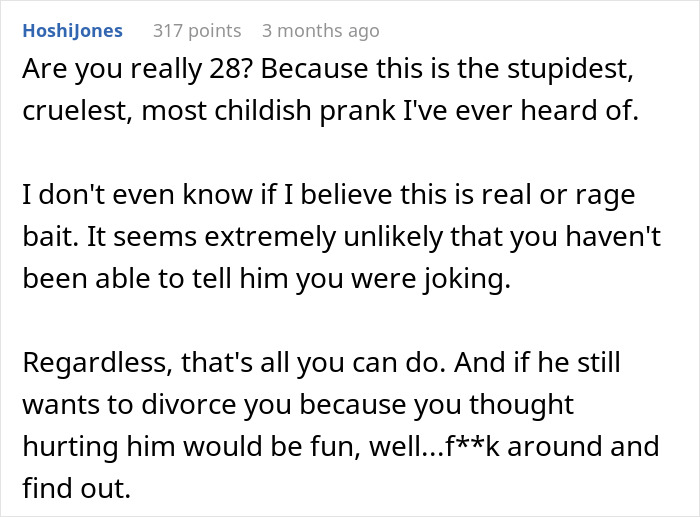 Text of a comment criticizing an ill-considered joke and discussing divorce. Text of a comment criticizing an ill-considered joke and discussing divorce.