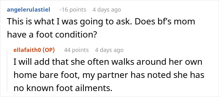 Woman questions son's girlfriend's house rule on foot conditions, Reddit comments screenshot. Woman questions son's girlfriend's house rule on foot conditions, Reddit comments screenshot.
