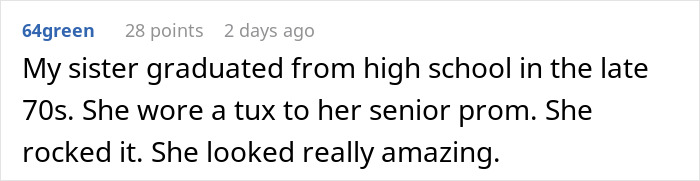 Reddit comment about a sister wearing a tux to prom and looking amazing, related to daughter wearing suit. Reddit comment about a sister wearing a tux to prom and looking amazing, related to daughter wearing suit.