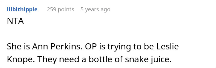 Comment referencing Ann Perkins and Leslie Knope suggesting snake juice. Comment referencing Ann Perkins and Leslie Knope suggesting snake juice.