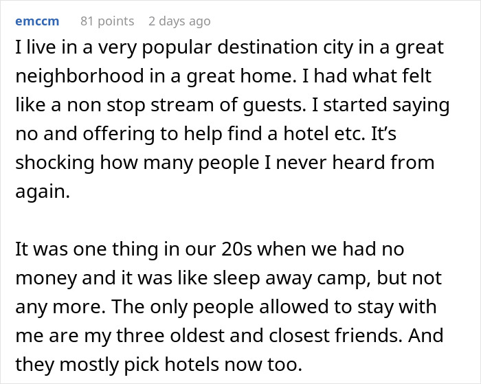 Text screenshot discussing houseguests treating home like a hotel with no appreciation. Text screenshot discussing houseguests treating home like a hotel with no appreciation.