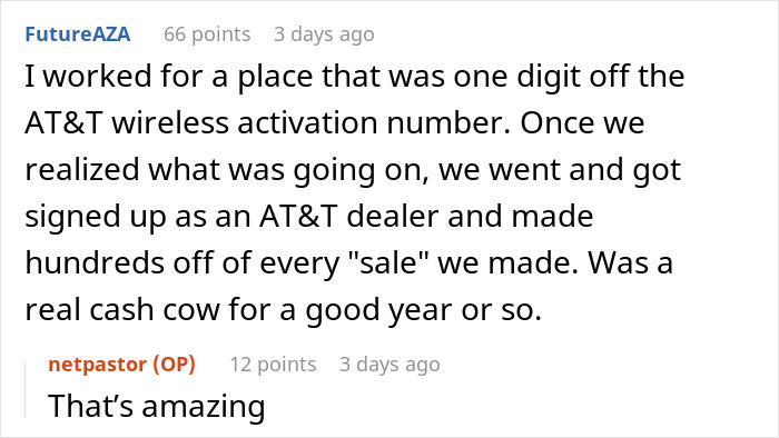Reddit comment discussing using a phone number closely related to AT&T's for profit. Reddit comment discussing using a phone number closely related to AT&T's for profit.