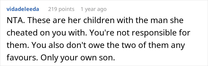 Comment discussing responsibility towards ex's kids after infidelity, emphasizing focus on one's own child. Comment discussing responsibility towards ex's kids after infidelity, emphasizing focus on one's own child.