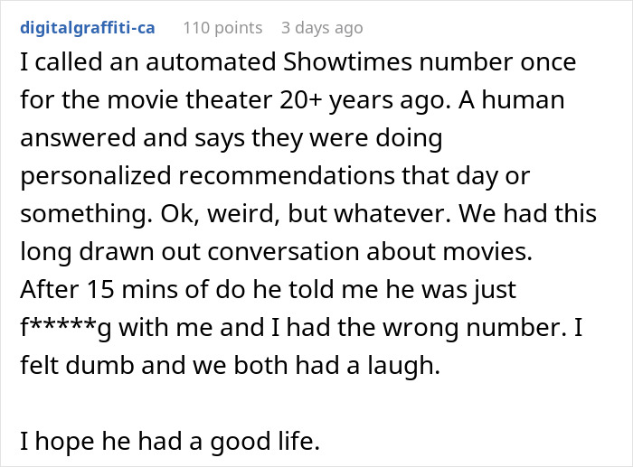 A humorous story about using the wrong phone number for movie showtimes, leading to a light-hearted conversation. A humorous story about using the wrong phone number for movie showtimes, leading to a light-hearted conversation.