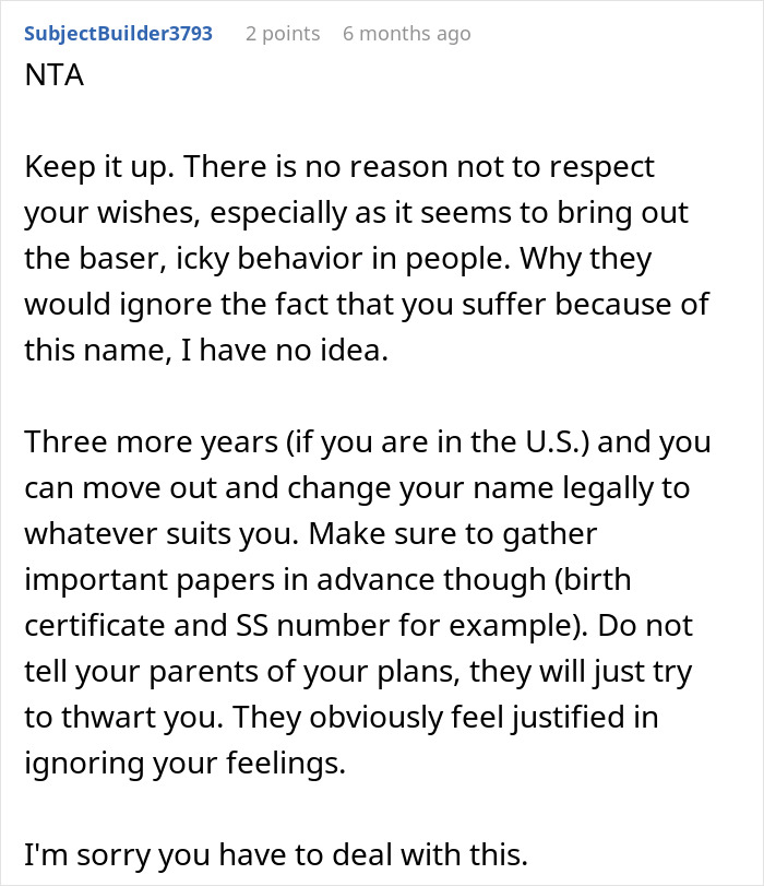 Reddit comment discussing name change advice, emphasizing respect for individual preferences. Reddit comment discussing name change advice, emphasizing respect for individual preferences.