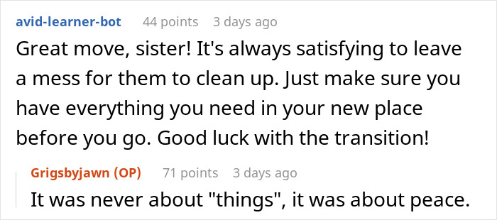 Comments discussing a woman moving out, focusing on emotions and transition, not just belongings. Comments discussing a woman moving out, focusing on emotions and transition, not just belongings.