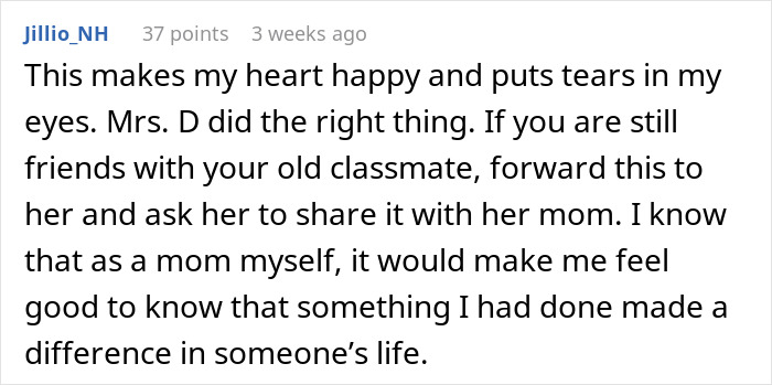 Screenshot of a comment praising a mother for doing the right thing and making a difference in someone's life. Screenshot of a comment praising a mother for doing the right thing and making a difference in someone's life.