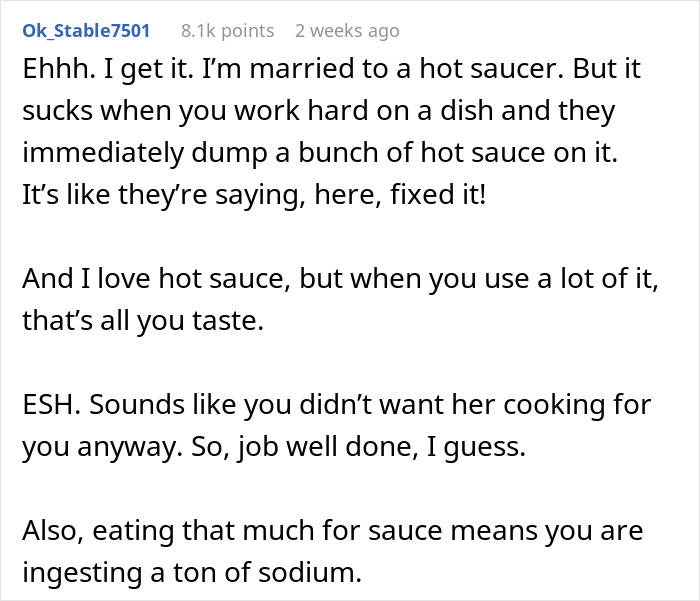 Text screenshot discussing opinions on adding hot sauce to dishes without tasting them. Text screenshot discussing opinions on adding hot sauce to dishes without tasting them.