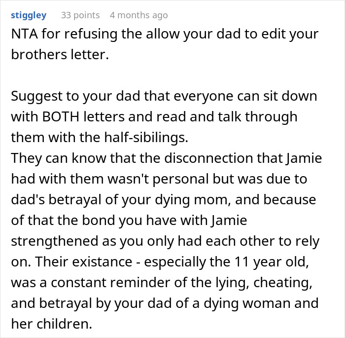 Text discussing a teen's refusal to share his brother's letters with half-siblings, focusing on family betrayal and emotions. Text discussing a teen's refusal to share his brother's letters with half-siblings, focusing on family betrayal and emotions.