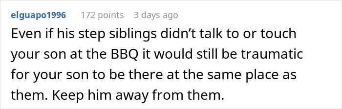 Text comment on family BBQ situation with stepsiblings, discussing fairness and strictness regarding attendance. Text comment on family BBQ situation with stepsiblings, discussing fairness and strictness regarding attendance.