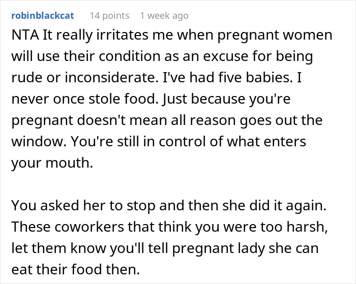 Text expressing frustration over pregnant coworkers using cravings as an excuse for inconsiderate behavior. Text expressing frustration over pregnant coworkers using cravings as an excuse for inconsiderate behavior.