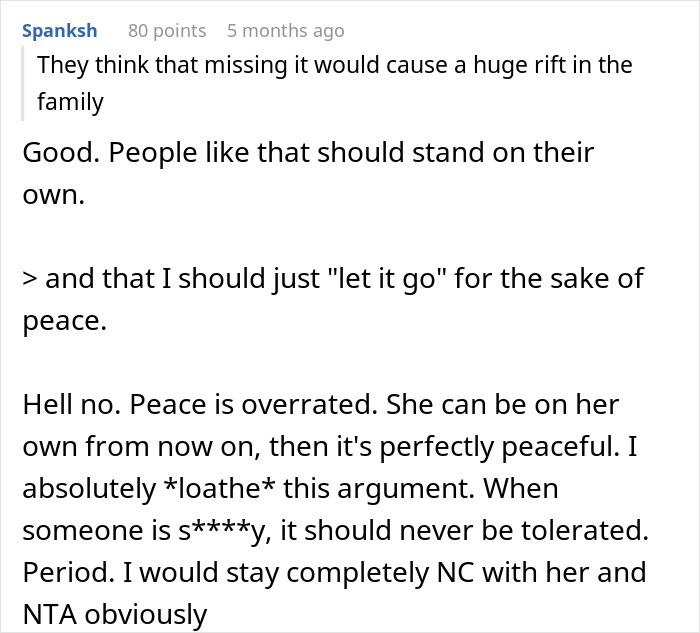 Reddit comment discussing relationship dynamics and peace, mentioning family tensions and personal boundaries. Reddit comment discussing relationship dynamics and peace, mentioning family tensions and personal boundaries.