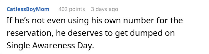 Comment about using phone numbers for reservations on Valentine's Day. Comment about using phone numbers for reservations on Valentine's Day.