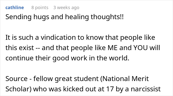 A comment offering support, mentioning a teen dealing with a narcissistic situation and a stranger's involvement. A comment offering support, mentioning a teen dealing with a narcissistic situation and a stranger's involvement.