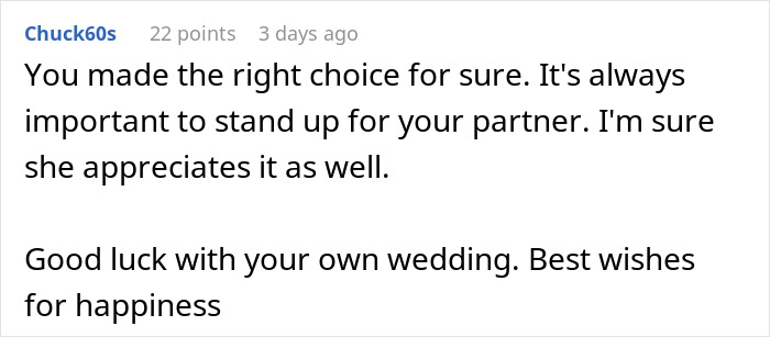 Comment supporting a man for standing by his fiancée, after dropping out of friend's wedding. Comment supporting a man for standing by his fiancée, after dropping out of friend's wedding.