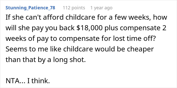Comment discussing the cost of childcare versus repaying an $18K trip, questioning financial decisions. Comment discussing the cost of childcare versus repaying an $18K trip, questioning financial decisions.